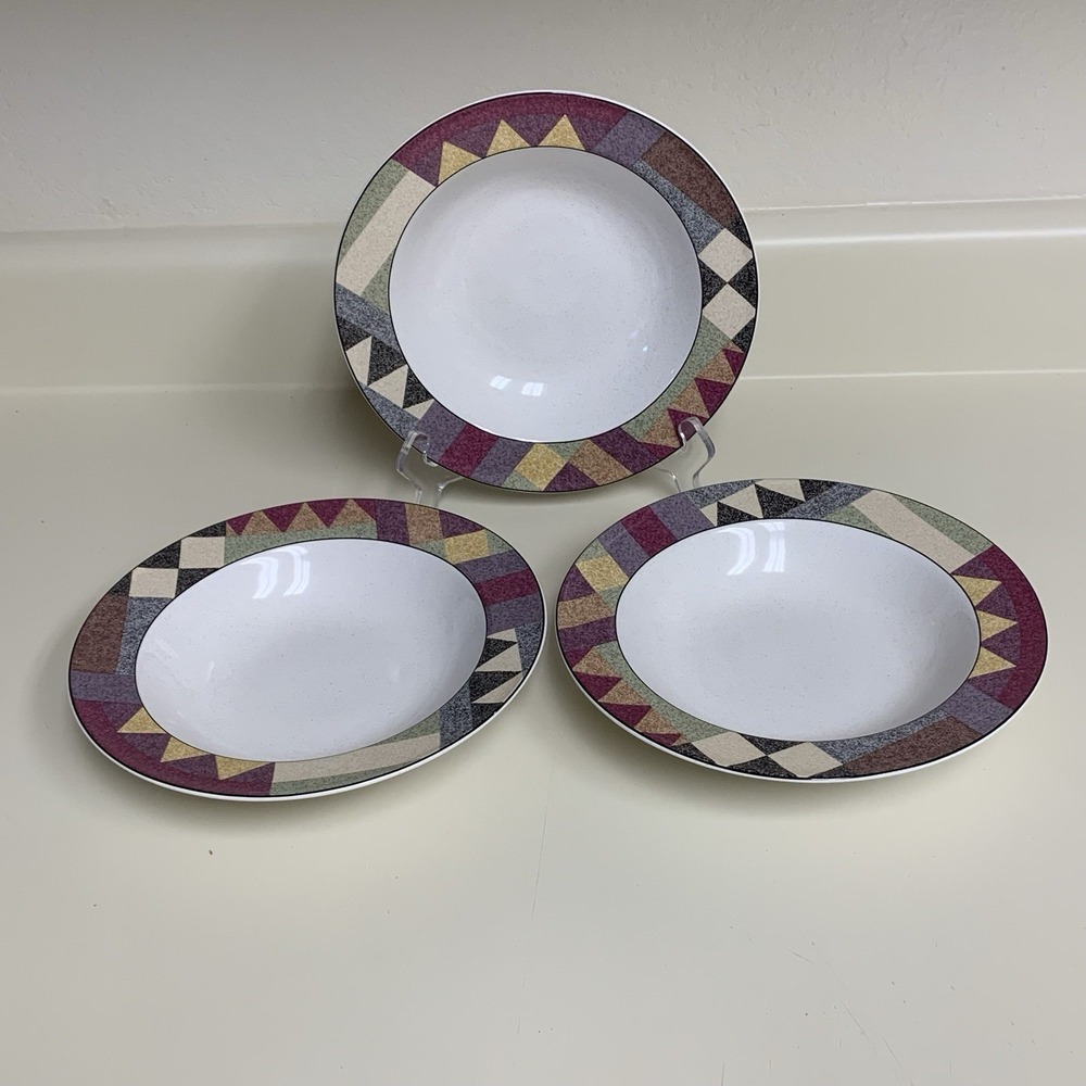 Set of 3 Studio Nova Palm Desert Rimmed Soup Cereal Bowls ~8 1/4" Geometric